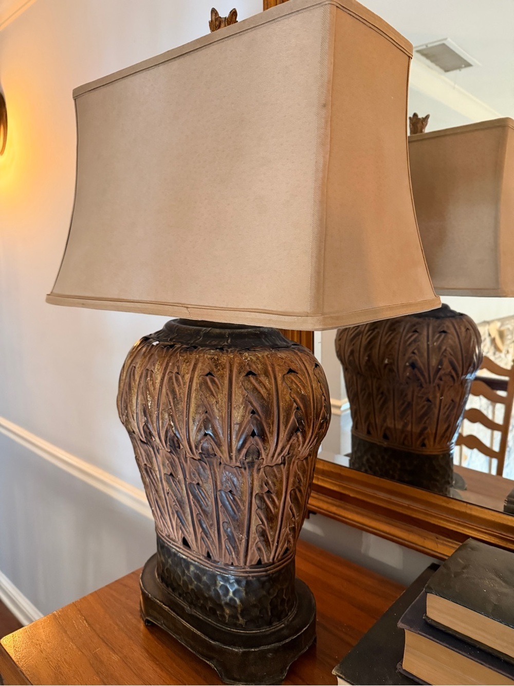 Vintage Beige Shade Table Lamp with Ornate Brown Carved Base